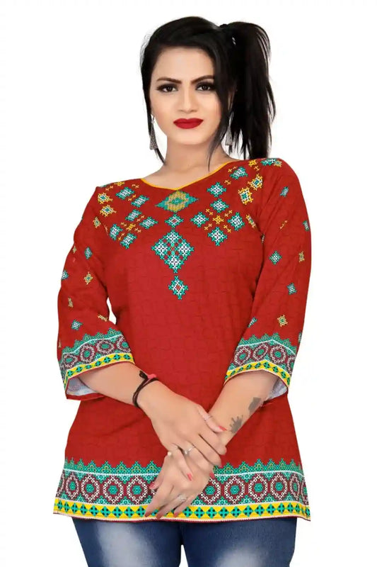 Zelzis women's red rayon digital printed tunic top