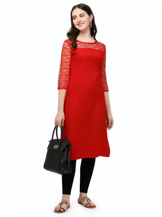 Zelzis women's red solid calf length kurtis