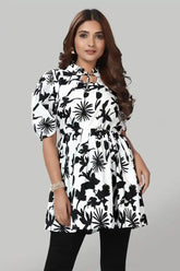 Zelzis women's white floral tie-up neck solid crepe ruffle top