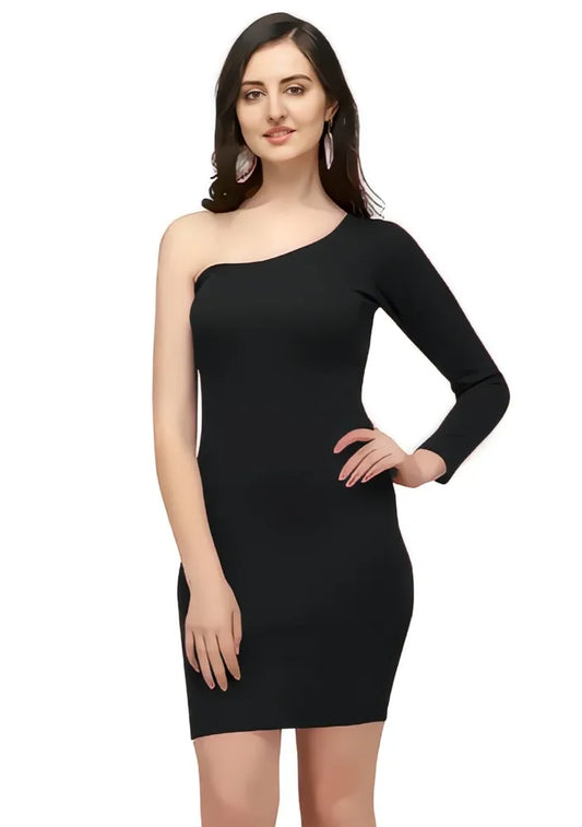 Black one shoulder solid knee-length polyester dress by ZELZIS