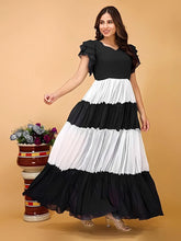 Black & white colourblocked crepe maxi dress with V neck