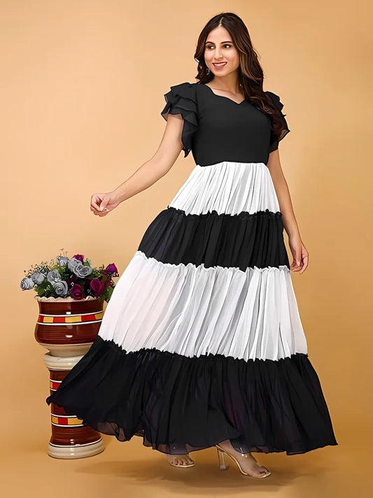 Black & white colourblocked crepe maxi dress with V neck