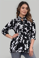 black floral ruffle neck trendy crepe tunic for women