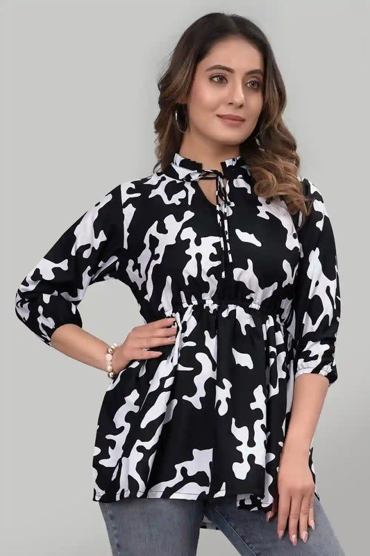 black floral ruffle neck trendy crepe tunic for women