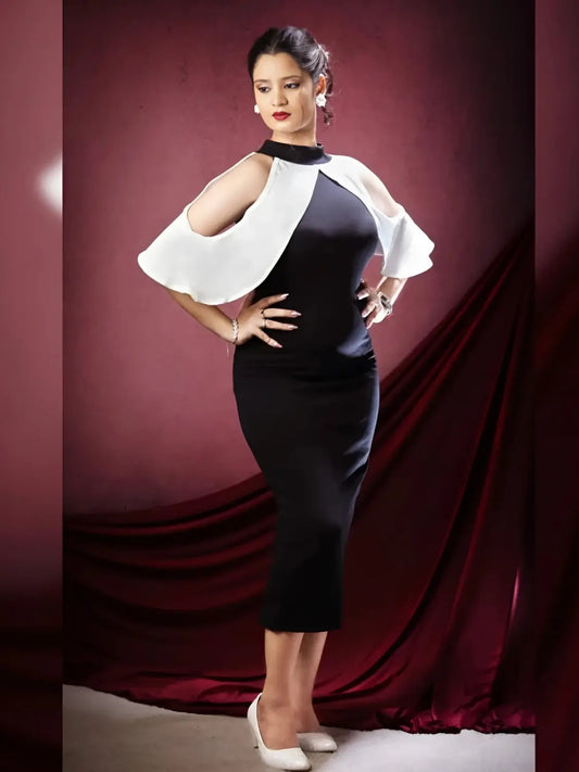 black white halter neck bodycon dress