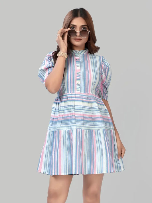 Blue stripe fit & flare party wear cotton dress by ZELZIS