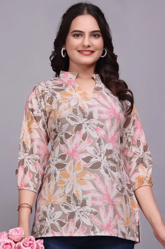 brown floral cotton tunic top for women - perfect for casual wear