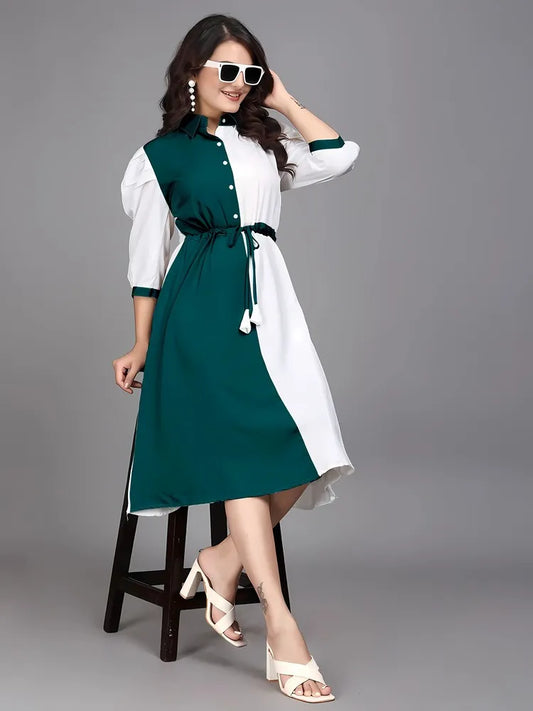 Casual and party wear green colourblock fit & flare dress with inner