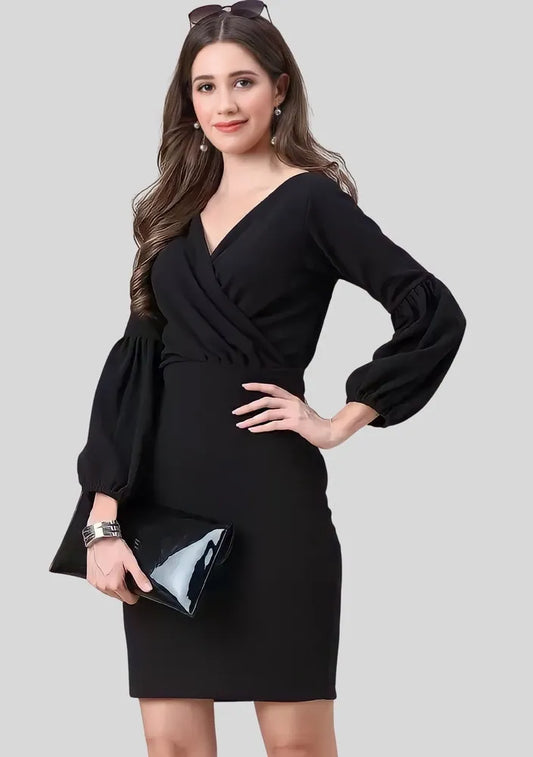 Comfortable black V neck polyester bodycon dress for party events
