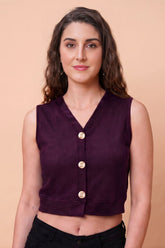 ZELZIS Women's Purple Polyester Ribbed V-Neck Crop Top