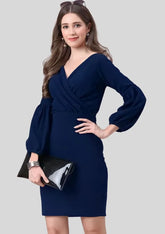 Elegant blue V neck party wear bodycon dress