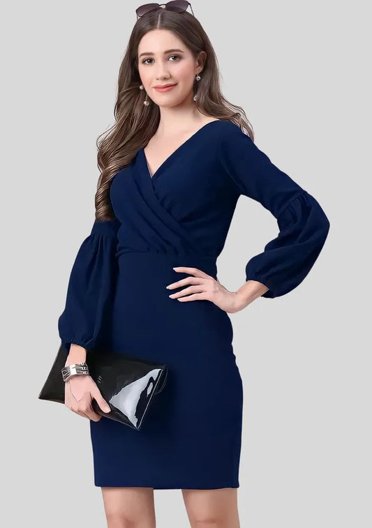 Elegant blue V neck party wear bodycon dress