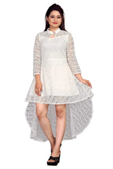 Elegant white high low casual dress with flower net