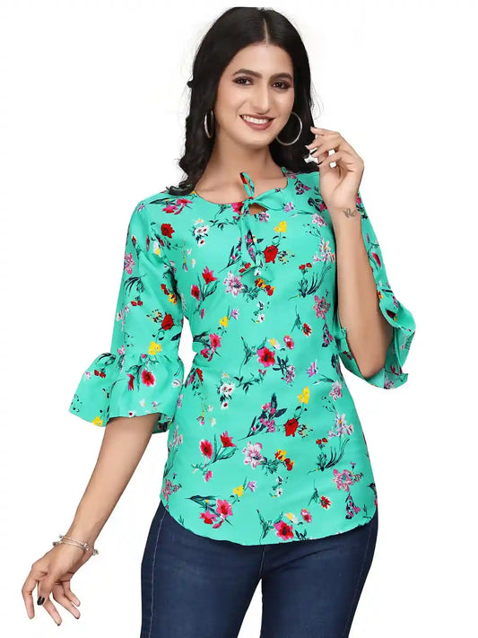 elegant light blue floral print crepe tunic with bell sleeves