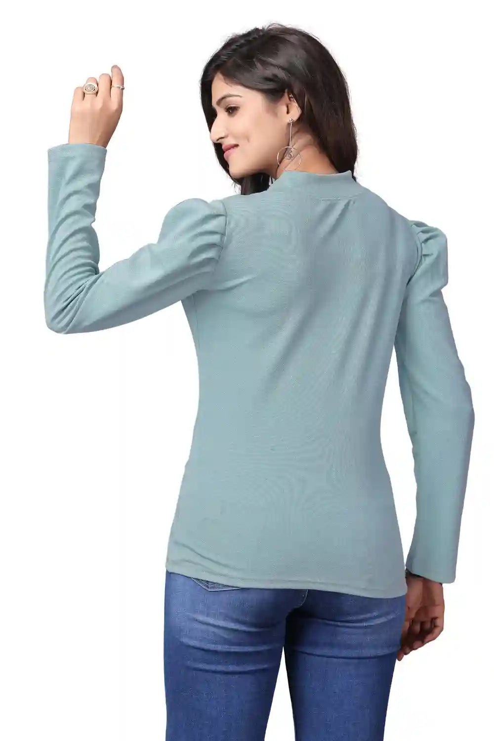 elegant light green solid t-shirt with puff sleeve design for women