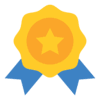 Gold star badge with blue ribbon on a white background