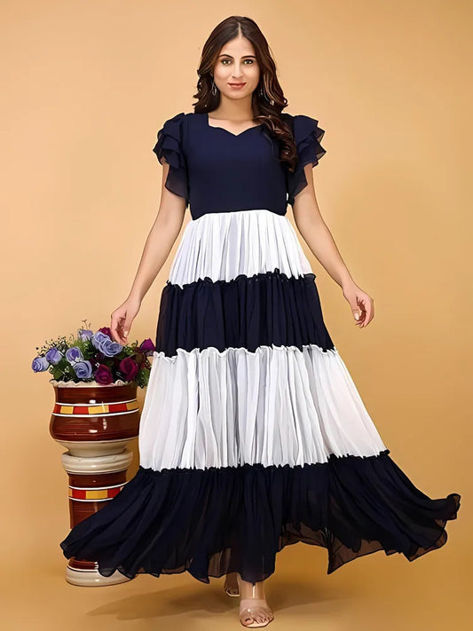 Blue and white colourblocked maxi dress with V neck and short flared sleeves