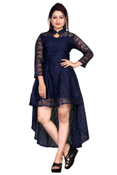 Elegant blue net high low casual dress with inner lining