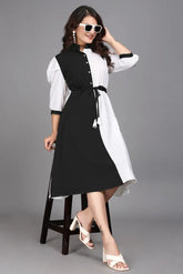 Knee-length black colourblock cotton fit & flare dress with round collar neck