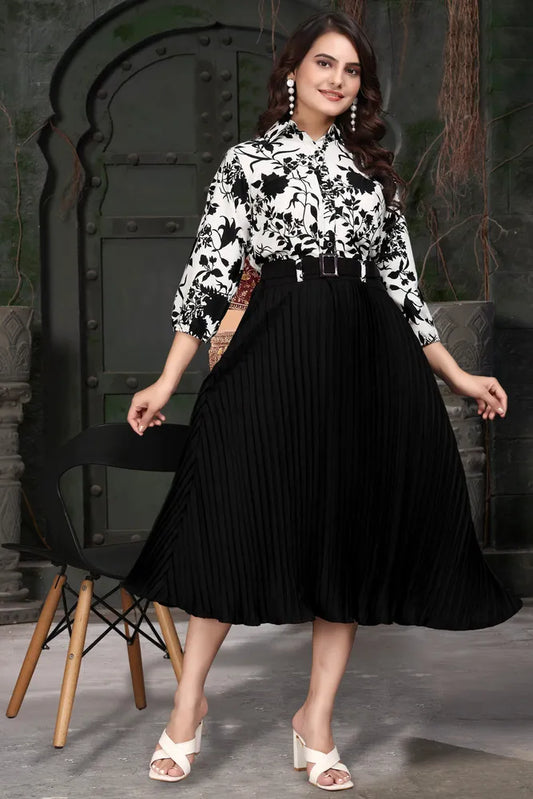 Black and white floral crepe dress with cowl neck and knee-length