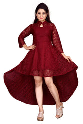 Maroon designer high low dress with flower net fabric