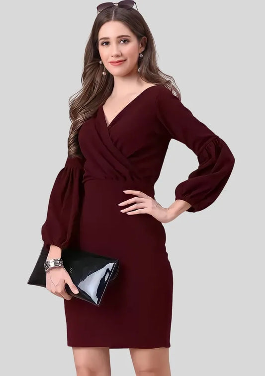Maroon V-neck polyester bodycon dress by ZELZIS
