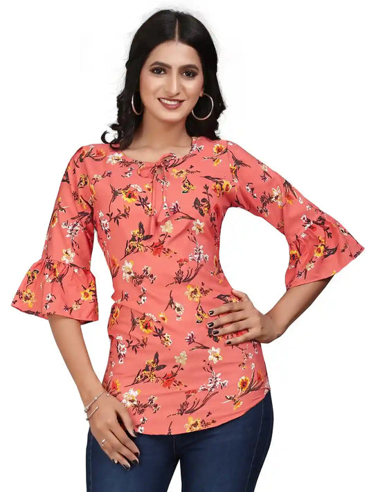 orange floral bell sleeve crepe tunic top for women