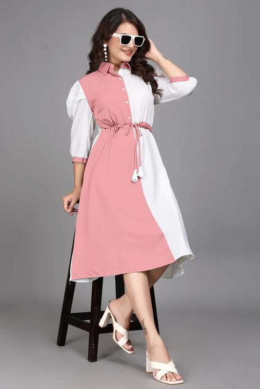 Pink pure cotton colourblock knee-length fit and flare dress with inner