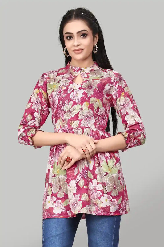 pink floral rayon casual wear tunic top for women