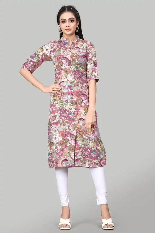 pink floral rayon kurti for women