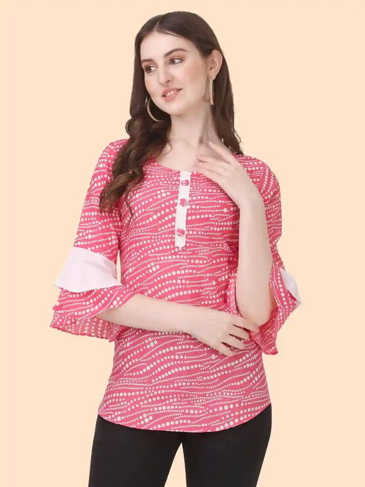pink polka dot solid crepe top with round button neck