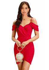 Red polyester knee-length dress with short sleeves by ZELZIS