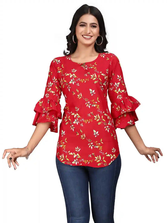 red floral print bell sleeve crepe tunic top for women