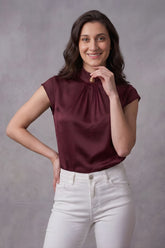 ZELZIS Women's Maroon Satin Cowl Neck Short Sleeve Top