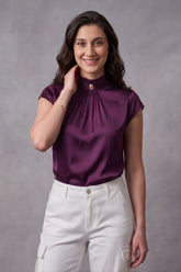 ZELZIS Women's Purple Satin Cowl Neck Short Sleeve Top