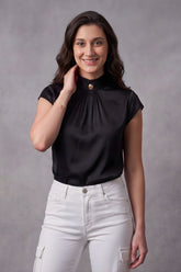 ZELZIS Women's Black Satin Cowl Neck Short Sleeve Top