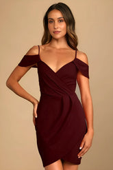 short sleeve cold shoulder maroon dress for party