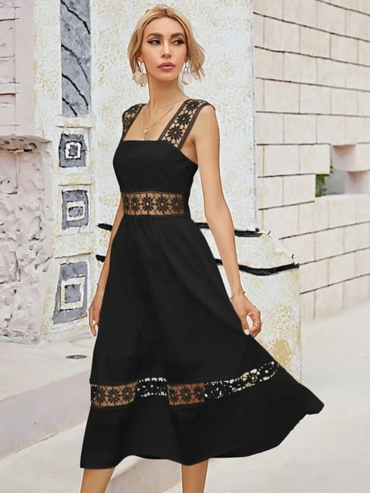 Stylish black crepe lace crochet dress for parties