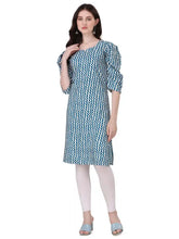 stylish teal color mix crepe kurti with puff sleeves