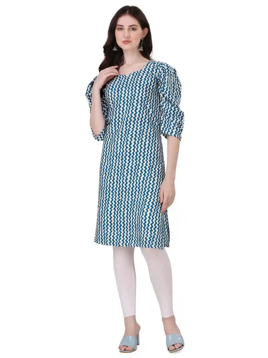 stylish teal color mix crepe kurti with puff sleeves