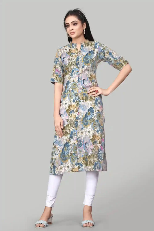 teal floral rayon kurti for women