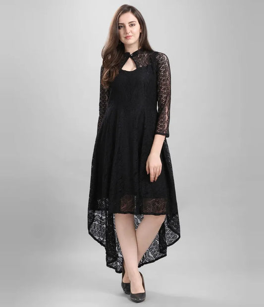 Trendy black coding net high low dress with inner for casual & party wear by ZELZIS