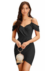 Trendy black shoulder strap knee-length polyester dress by ZELZIS