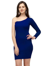 Trendy blue solid polyester dress with one shoulder design