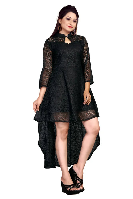 Black high low dress with super flower net fabric