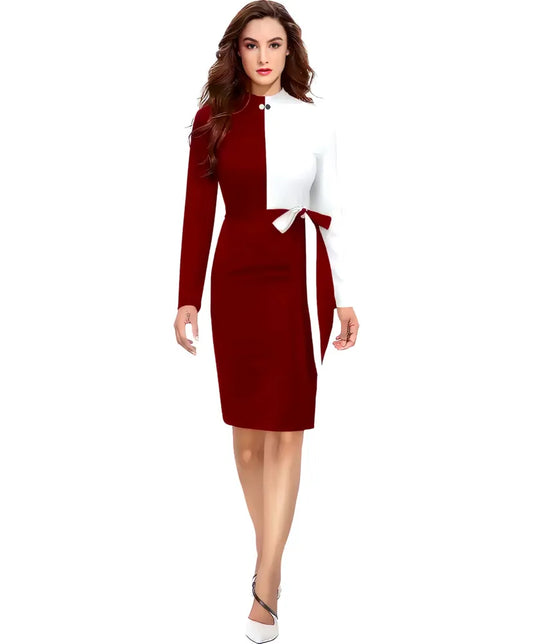 Trendy maroon and white colourblock bodycon dress with round classic neck by ZELZIS