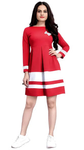 Trendy red butterfly crepe dress with colourblock design