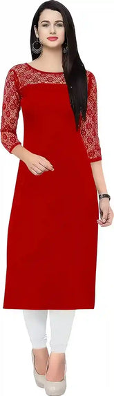 vibrant red solid calf length kurti for everyday use
