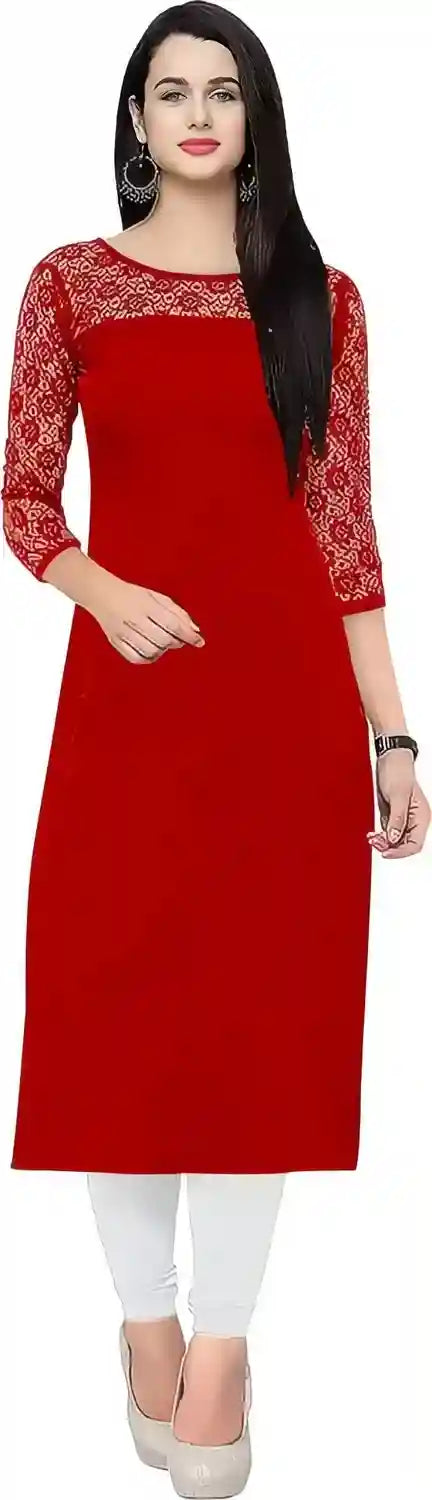 vibrant red solid calf length kurti for everyday use