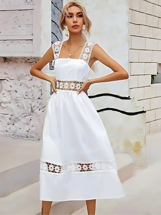 White crepe and lace crochet wide strap party dress